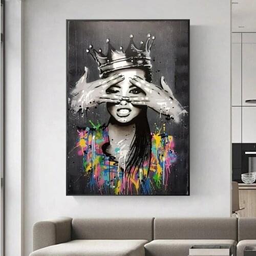 Graffiti Art Abstract Woman with Crown Canvas Painting Cuadros Posters and Prints Modern Wall Art Decoration for Living Room
