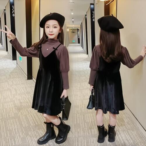 Spring and autumn girls dress set golden velvet strap skirt + T-shirt fashion dress popular new dress set 4 5 6 7 8 9 10 11 12