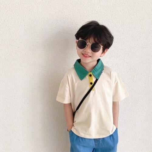 Summer Boys Cotton Colour Blocking Short Sleeve T shirts Kids Turn-down Collar Tees