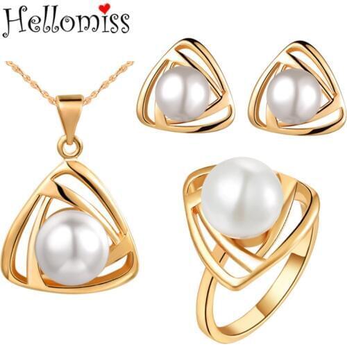 Fashion Jewelry Sets for Women Shell Pearl Triangle Necklace Earrings Ring 3 Pcs Gold/Silver Color Jewelry Set Bijoux Mujer Mode