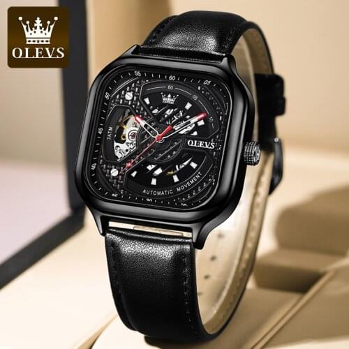 2021 OLEVS Square Mens Watch Waterproof Luxury High-quality Mens Mechanical Automatic Casual Fashion Leather Sports Watch 6634