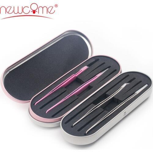 NEWCOME Eyelashes Extension 2 PCS Tweezers and Tweezers Storage Box Pink&Silver Suit Box Grafting Eye Lashes Beauty Makeup Tools