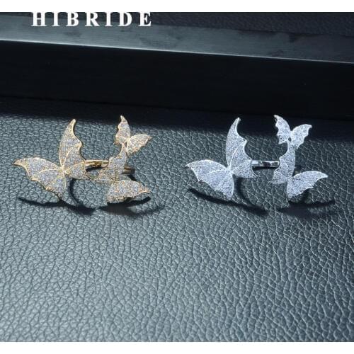 HIBRIDE New Butterfly Shape Mirco CZ Pave Adjustable Rings for Women Jewelry White Gold Color Ring Anillos Mujer Wholesale R-268