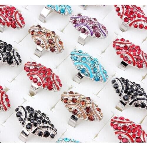 Wholesale Lots Assorted 25Ps Oversize Crystal Rhinestone Drop Oil Silver P Ring Band Wedding Engagement Gift Fashion Jewelry