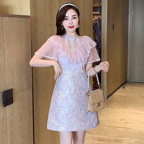 Summer Luxury Women Dresses Elegant Designer Mesh Splicing Ruffles See Through Fashion Dress Female Vintage Jacquard Vestidos