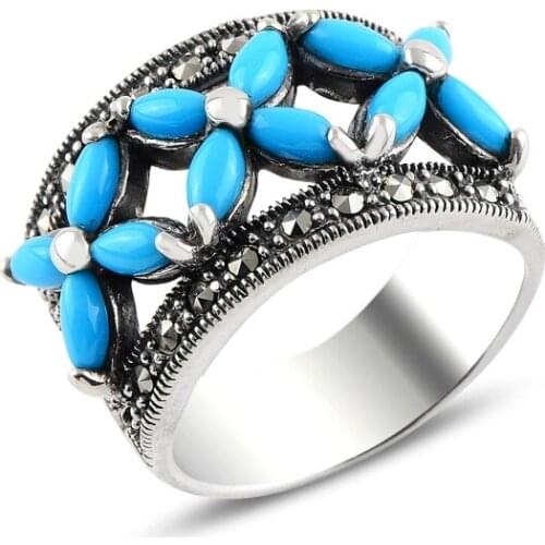 Silver 925 Sterling Turquoise & Marcasite Ring