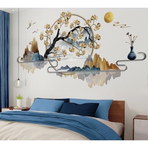 [shijuekongjian] Rivers Mountains Wall Stickers DIY Ginkgo Tree Mural Decals for Living Room Bedroom Kitchen House Decoration