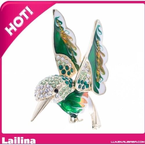 Green Red Bird Hummingbird Brooch Pins for Women Crystals Jewelry Accessories