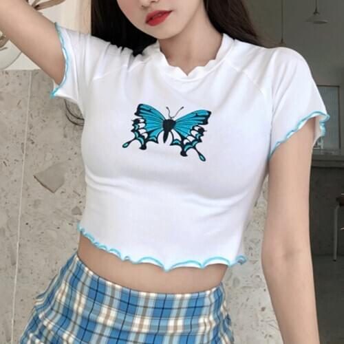 Butterfly Crop Top Ruffled Hem Fitted Graphic Tee Short Sleeve Harajuku School Girl T-Shirt Womens