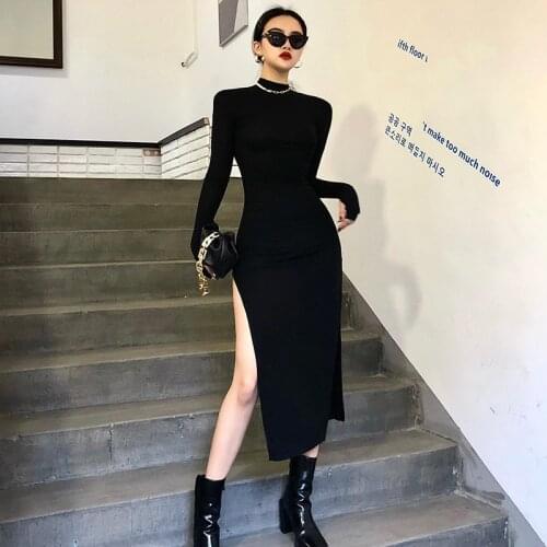 Womens Clothing T Shirt Dress Women Autumn Sexy Party Bodycon Elegant Vintage Casual Cotton Black Warm Long Sleeve Slim Dress