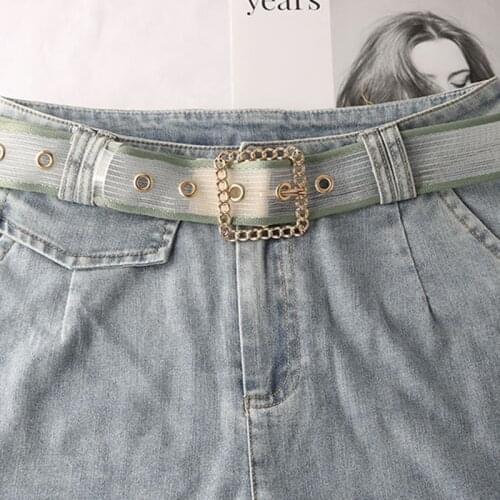 Women Fashion Breathable Transparent Net Adjustable Belt Punk Square Pin Buckle Female Disigner All-Match Jeans Waistband