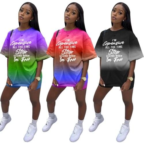 Gridient Color Letter Print Round Neck Short Sleeve Loose Tshirt and Shorts Casual Two Piece Set Women Sweatsuits Summer