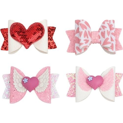 1 Pc 3 " Glitter Hair Bows Clips Sweet Heart Pink Hairpins for Baby Girls Lovely Valentines Day Hair Accessories Barrettes
