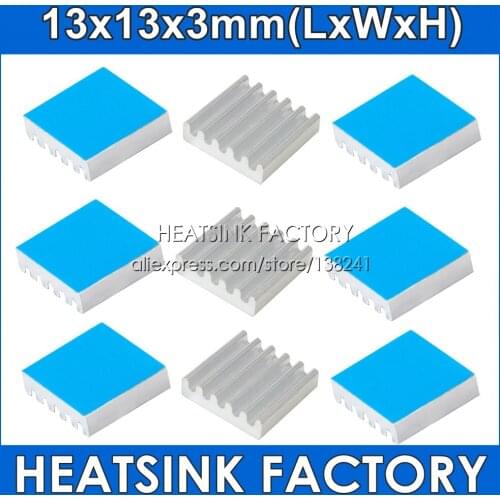100pcs 13*13*3mm Aluminum Cooling Heatsink Cooler With Thermal Conductive Heat Transfer Pad Applied Heat Dissipation Radiator