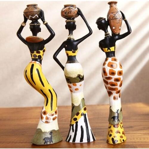 3pcs/set Exotic Doll Resin Crafts Decoration Retro Vase African Woman Statue Figurines Home Hotel Living Room Ornaments