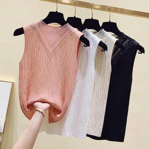 AOSSVIAO Lce Silk Knitted Tank Women Tops Vests Solid Blusas Mujer De Moda 2021 Summer Fashion Female Casual Thin Lace Pink Tops