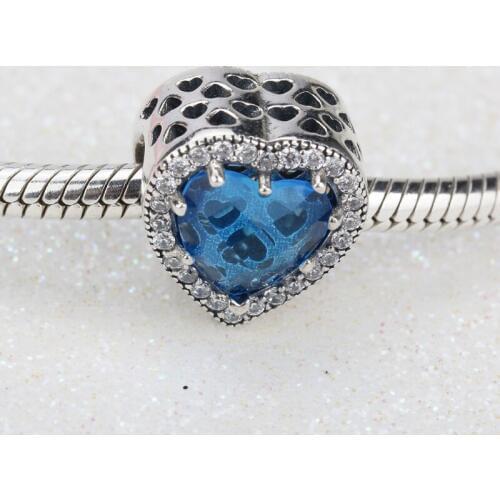 Heart Charm 925 Sterling Silver Blue AAA+ Cubic Zircon Fit DIY Bracelet Bangles Silver 925 Charms Bead Fine Accessories Jewelry