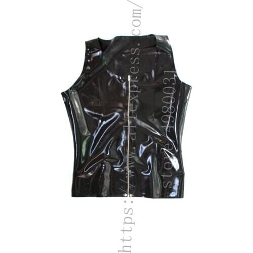 Black latex top zipper womens latex vest with latex blues outside wet looking attached front zip decoration