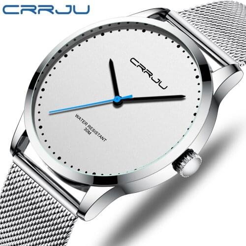 CRRJU Sport Casual Watch Man Stainless Steel Waterproof Quartz Wristwatches Business Classic Sliver White Relogio Masculino