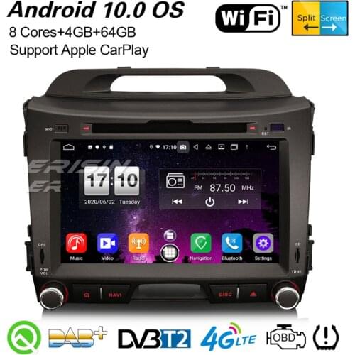 Erisin 8733 8" Octa-Core Android 10.0 DAB+ GPS Carplaly Car Stereo DSP WiFi CD OBD2 Bluetooth DVR TPMS 4G Navi For Kia Sportage