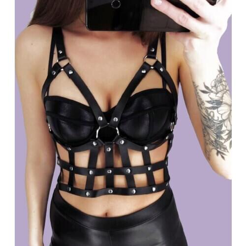 Erotic Harness Women Sexy Goth Leather Bondage Body Top Belts Harness Bralette Garter Belt Stockings Fashion Harness Bra Cage