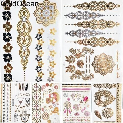 Indian Chains Gold Metallic Temporary Tattoo Stickers Henna Mandala Girls Arm Flash Tatoos Women Body Legs Art Tattoo Bracelet