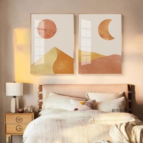 Morandi Color System Abstract Sun Moon Mountain Nordic Poster Minimalist Canvas Painting Prints Wall Art Pictures Bedroom Decor