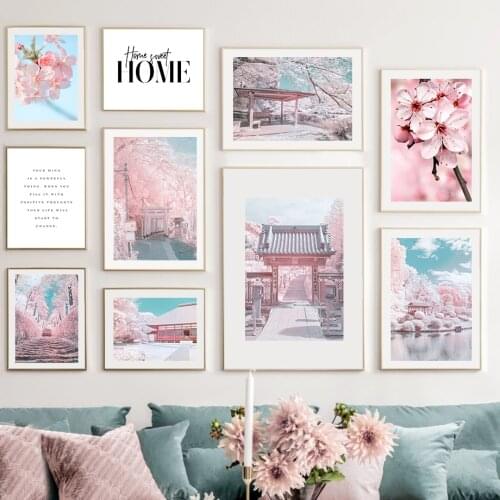Pink Cherry Blossom Japanese Building Wall Art Canvas Painting Nordic Posters And Prints Wall Pictures For Living Room Decor