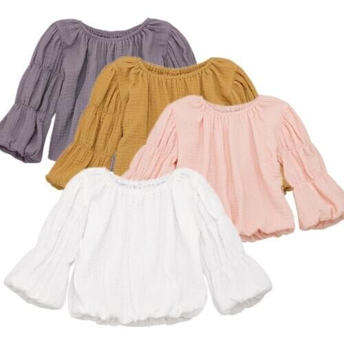 New 4Colors Baby Girls Lantern Sleeve Tops Shirts Blouse Warm Round Neck Autumn Clothes