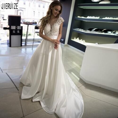 JIERUIZE Simple Lace Wedding Dresses Sheer Scoop Short Sleeves Backless A Line Bridal Gowns Robe De Mariage Bride Dresses