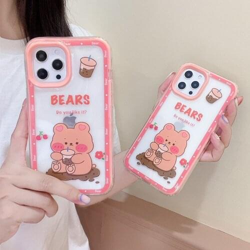 Korea Cute Cartoons Milk tea bear Shockproof Transparent Phone Case for iphone 12 11 Pro Max 12 MiNi X XR XS 7Plus 8Plus cover