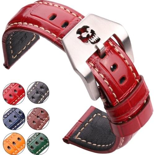HENGRC Watchband 22mm 24mm 6 Colors Genuine Leather Watch Band Skull Hollow Pin Buckle Wristbands Strap Accessories