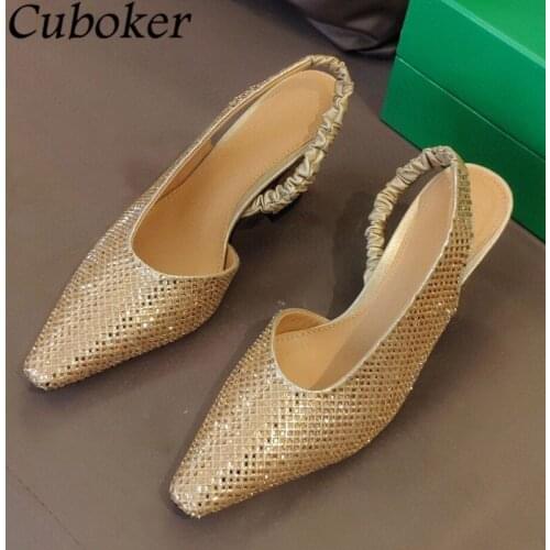 Luxury Brand Women Bling Women Sandals Pointed Toe Back Strap High Heel Witch Shoes Female Summer Mules Runway Women Sandals