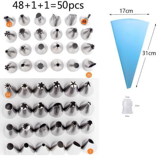 50 PCS/Set 48 Icing Piping Nozzle Silicone Pastry Bag Tips Kitchen DIY Cream Reusable Pastry Bags Baking Cake Decorating Tools