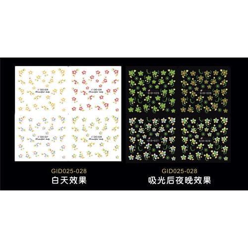 4 PCS NAIL ART NOCTILUCENT NIGHT GLOWING NAIL STICKER WATER DECAL SLIDER 4 COLORS FLOWER PETAL SUN STARS GID025-028