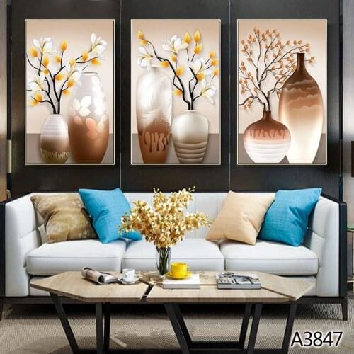 Modern Oil Painting Print on Canvas 3pcs Color Flower Vase Modular Canvas Printing Wall Art Picture Painting for Home Decor