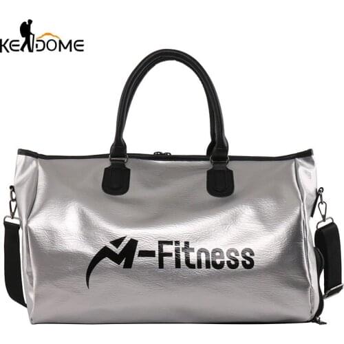Silver PU Leather Gym Bag Sports For Fitness Yoga Bags Women Travel Sport Handbag Crossbody Waterproof Training Gym Bag XA932WD