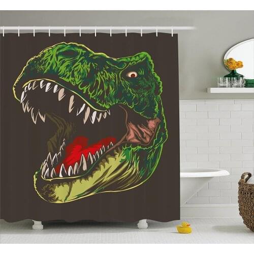 Dinosaur Shower Curtain Aggressive Wild T-Rex Head Colorful Hand Drawn Style Jurassic Period Waterproof Polyester Bath Curtains