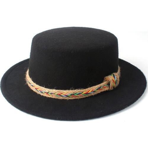 Women Wool Flat Top Fedora Hat Elegant Lady Winter Wide Brim Church Hat Outdoor Travel Fascinator Hat Casual Cap Size 56-58CM