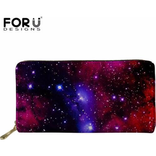 FORUDESIGNS Women Clutch Wallet Split Space Galaxy PU Leather Wallets Female Long Wallet Unisex Zipper Purse Strap Coin Purse