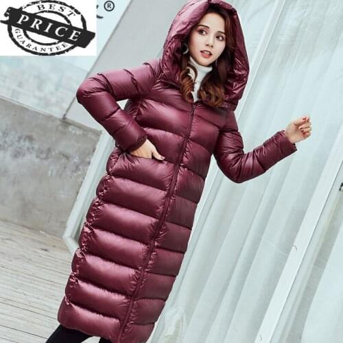 Womens Down Jacket X-Long Winter Coat Female Korean Casual Thick Bright Duck Down Jacket Women Hooded Warm Outwear 1601