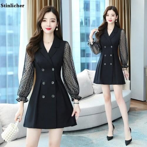 Spring autumn double-breasted mesh suit dress women fashion polka dot office ladies work dress elegant black midi dress