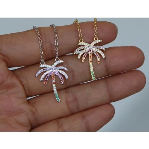2019 summer beach women fashion jewelry micro pave rainbow cz zirconia palm tree pendant necklace
