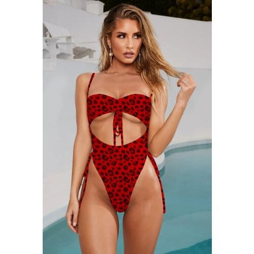 Women One Piece Bikini Hollow out sexy bikini Leopard Print high waisted swimsuit Bandage Lace up Bow bakini bathing suit Nylon