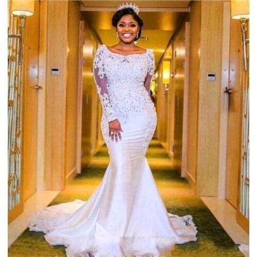 Mermaid Wedding Dress 2021 Newest Square Collar Beaded Appliqued Long Sleeves Sweep Train African Wedding Gowns Church Dresse