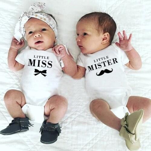 1 Pc Little Miss and Little Mister Baby Girls Boys Summer Short Sleeves Jumpsuit Twins Baby Bodysuits Unisex Onesie Cotton Wear