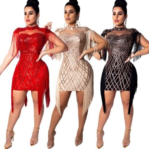 2021 Sexy Sheer Sequins Party Bodycon Summer Mini Dress Women Elegant Short Sleeve Tassel Club dresses Casual bandage Vestido
