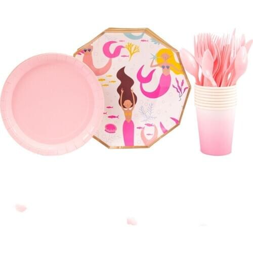 40pc/set Mermaid Theme Party Tableware Arrangement Party Baby Shower Napkin Cups Plate Spoon Disposable Tableware Party Supplies