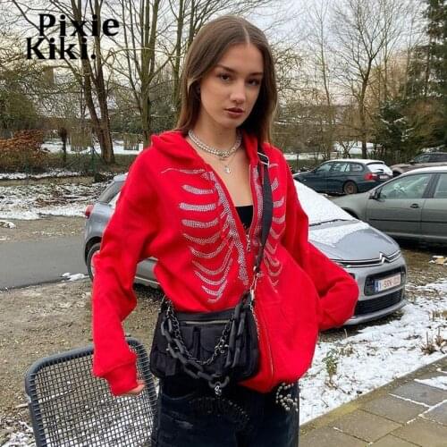 PixieKiki Rhinestone Glitter Skeleton Zip Up Hoodies Cyber Y2k Streetwear Gothic Grunge Clothes Oversized Winter Jacket P84-DH56
