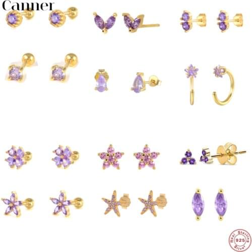 CANNER 1Pair Real 925 Sterling Silver Purple Stud Earrings for Women Piercing Cartilage Earring Minimalist Small Earings Jewelry